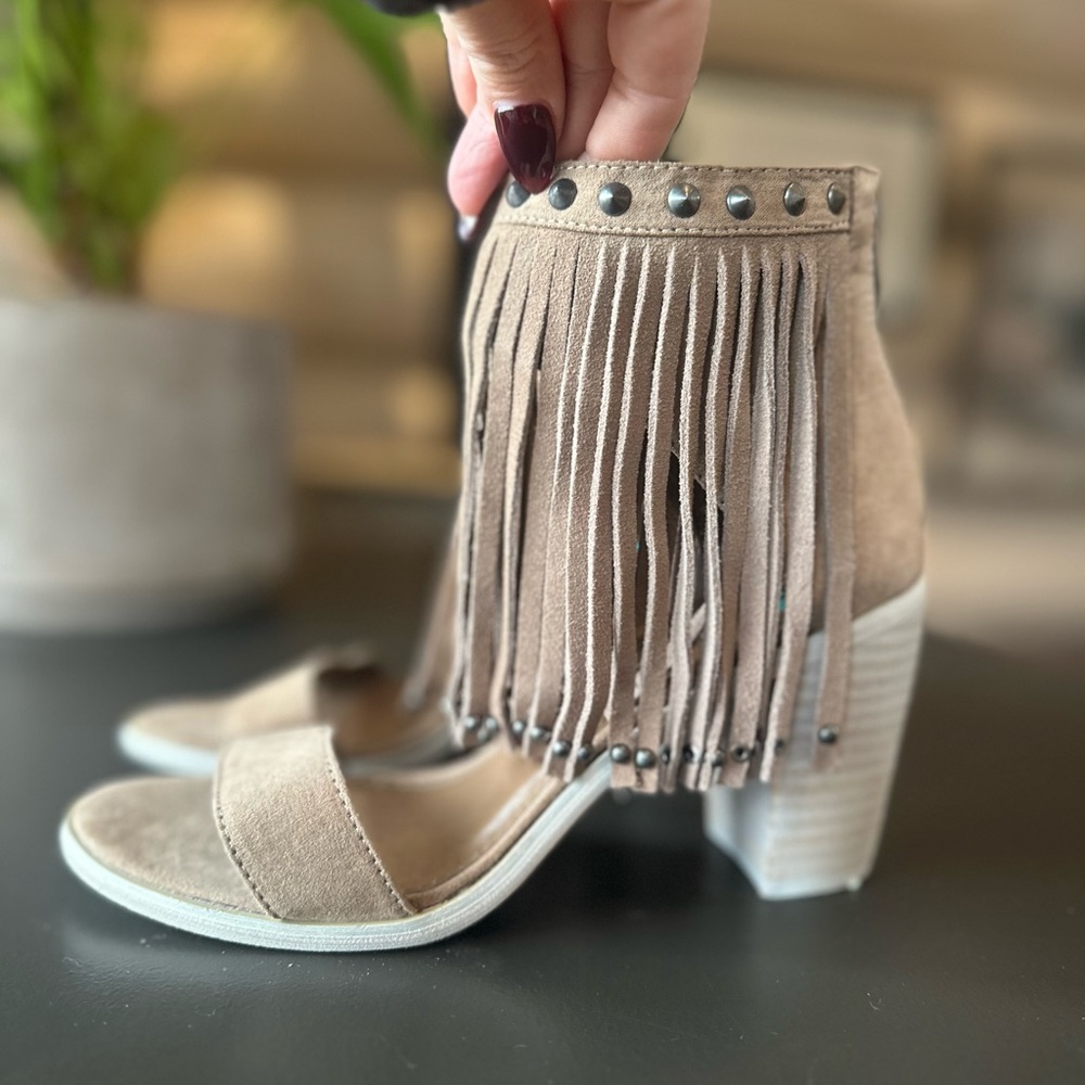 Very Volatile Fringe Tan Heeled Sandals